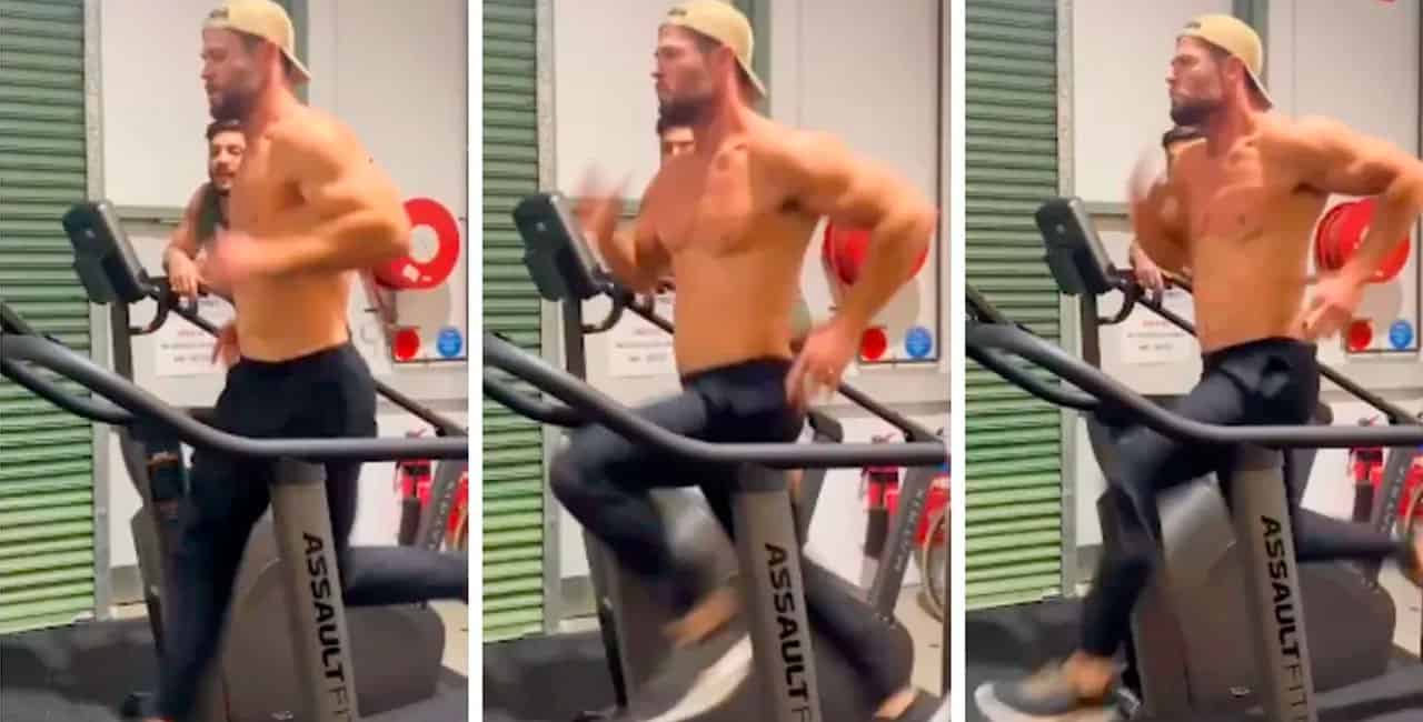O Ator Chris Hemsworth Tirou A Camisa E Ostentou Seus Músculos Em Uma Sessão Frenética De Esteira.