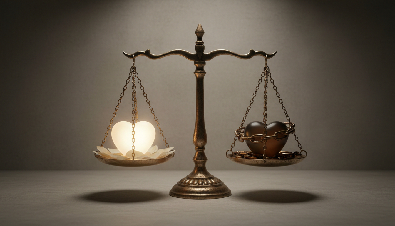 Uma Balança Da Justiça Antiga Equilibrando Um Coração De Luz De Um Lado E Um Coração Acorrentado Do Outro, Representando A Escolha Entre Simpatia E Amarração.