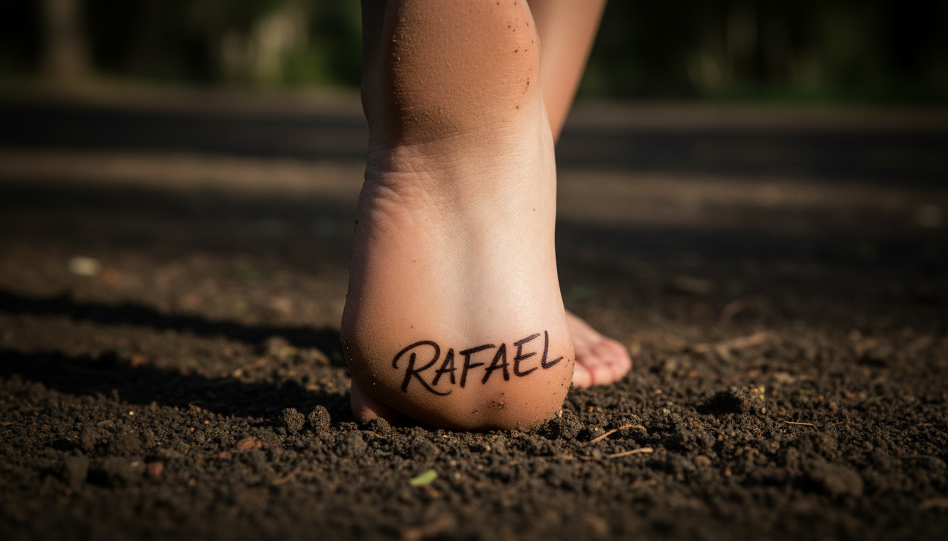 Close-Up Dramático Do Pé De Uma Mulher Com Um Nome Escrito Na Sola, Pisando Firmemente Na Terra, Simbolizando O Poder E O Enraizamento Da Simpatia Do Pé.