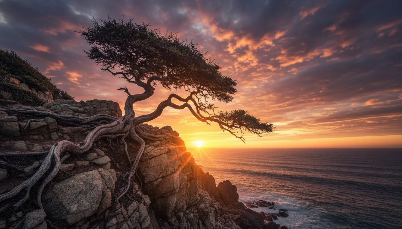 Uma Única Árvore Resiliente Crescendo Vigorosamente Em Um Penhasco Rochoso, Com Suas Raízes Visíveis, Contra Um Pôr Do Sol Dramático.