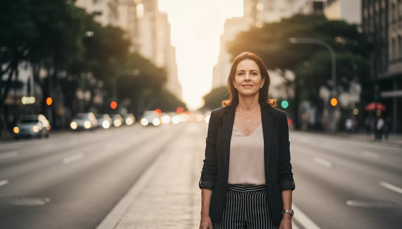 Mulher Brasileira De 38 Anos Em Uma Rua Urbana, Olhando Para Um Novo Caminho Que Se Abre Com Um Sorriso Confiante, Simbolizando A Transição De Carreira.