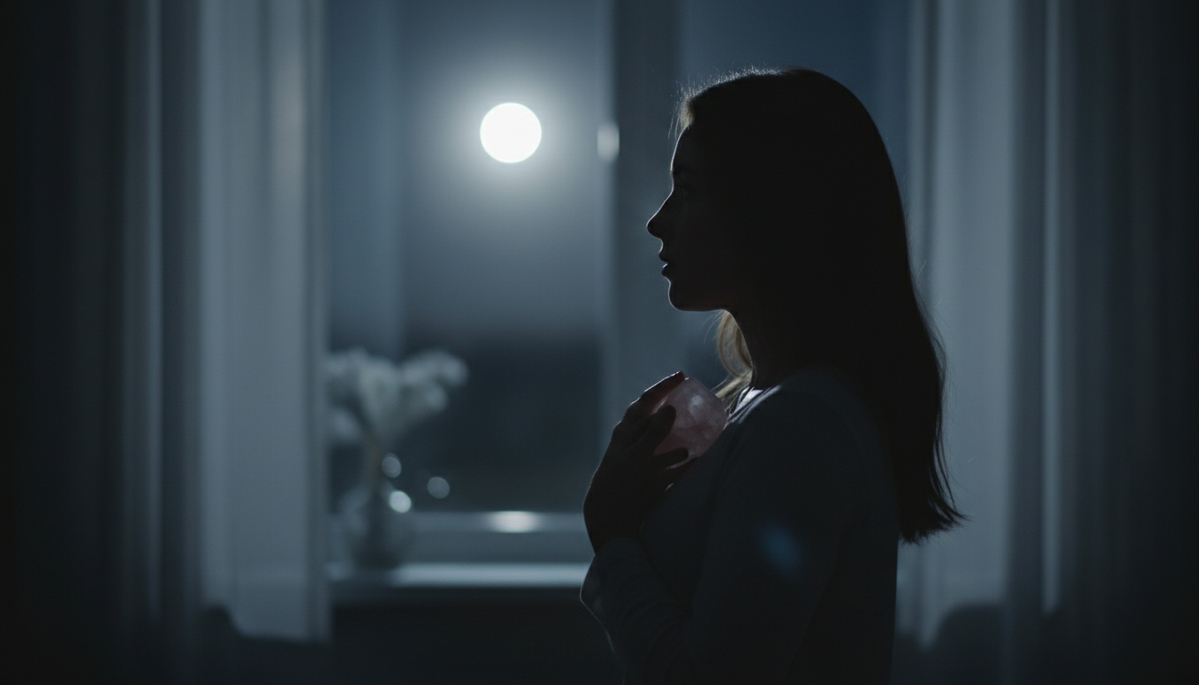 7 simpatias fáceis para o amor com ingredientes que você tem em casa Mulher Em Silhueta Contra Uma Janela Iluminada Pela Lua Cheia, Segurando Um Cristal De Quartzo Rosa No Peito.