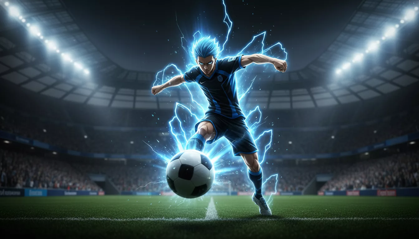 Personagem De Blue Lock Rivals No Meio De Um Chute Poderoso Com Uma Aura De Energia Azul Brilhante Ao Seu Redor Em Um Estádio Lotado.