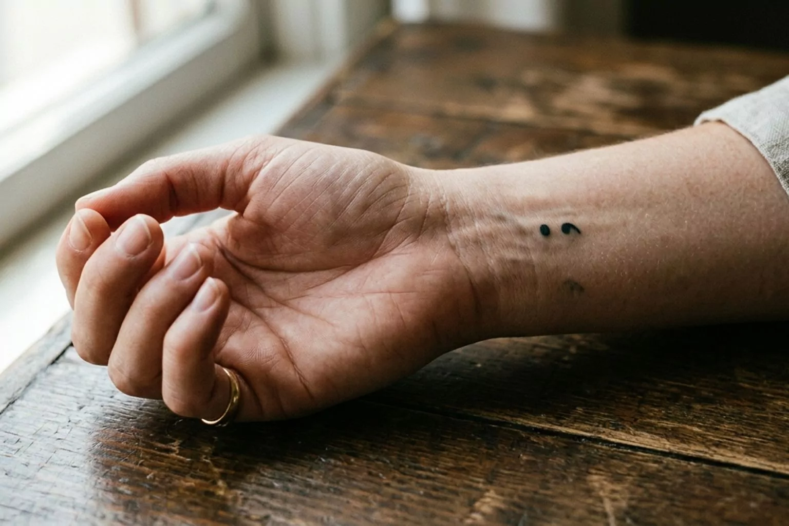 Close Nas Mãos Com Tatuagem De Ponto E Vírgula No Pulso, Destacando O Símbolo Em Composição Editorial Realista.