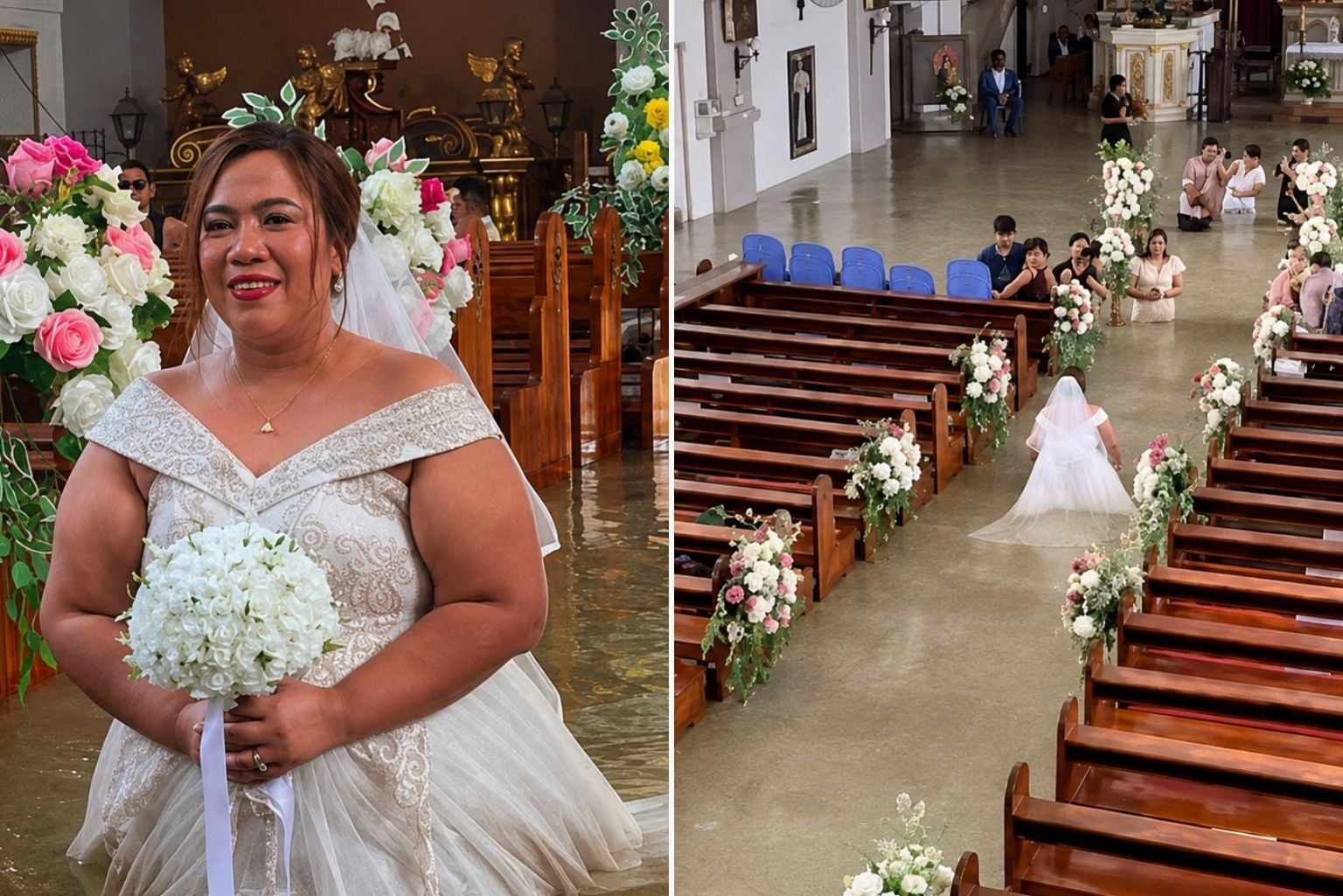 Noiva se casa com água na cintura em igreja alagada, e imagens imagens impressionam