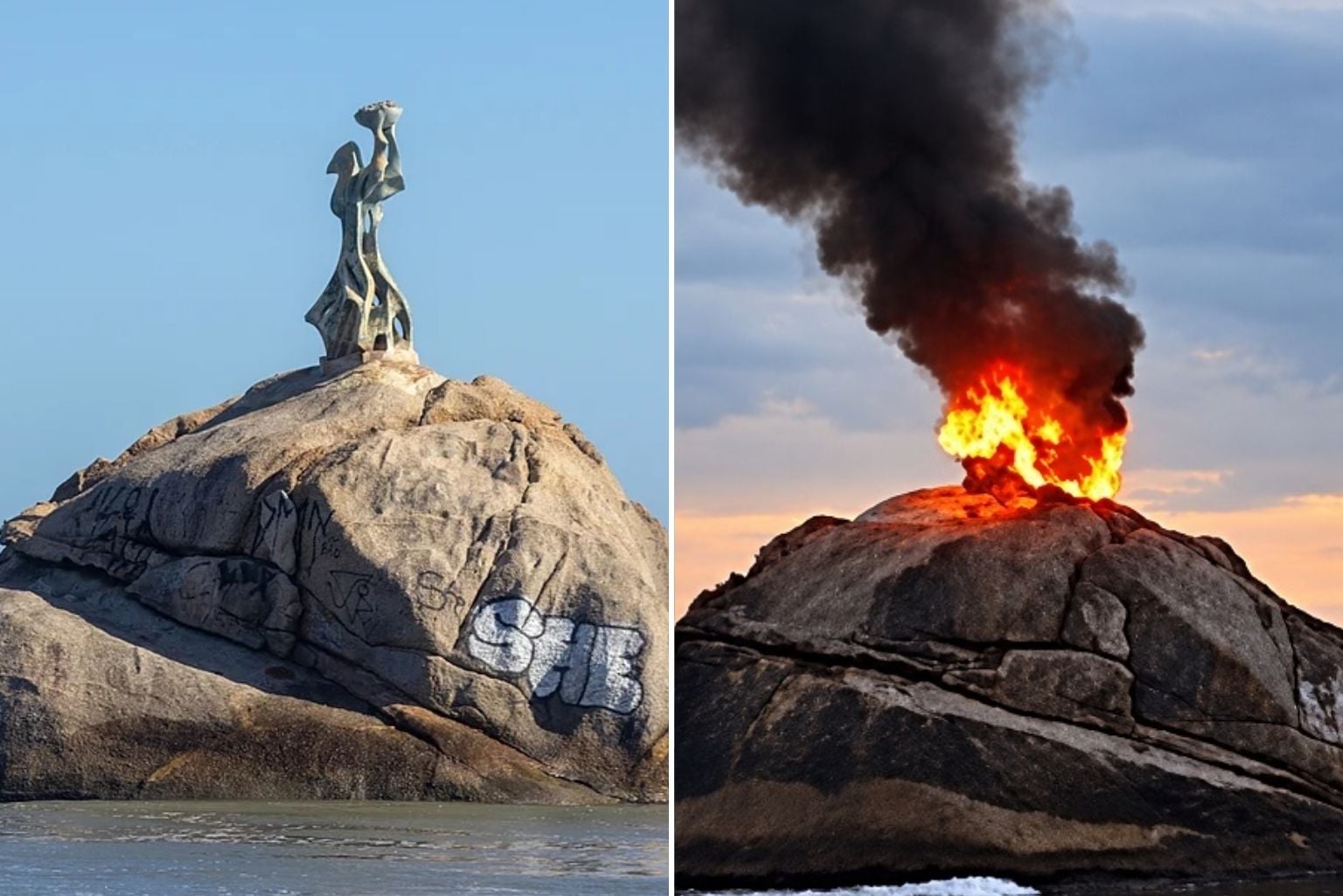 Estátua da Pedra da Feiticeira é destruída por incêndio no litoral de SP Estátua Da Pedra Da Feiticeira É Destruída Por Incêndio No Litoral De Sp